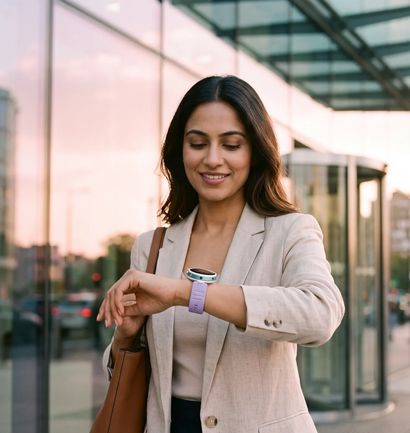 A woman leaving her office at golden hour, glancing at the Trustedwear watch on her wrist