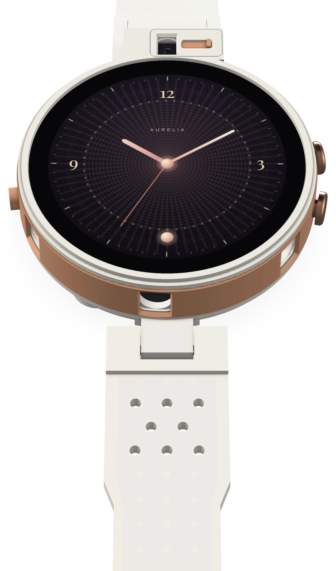 Trustedwear Women in Ivory: three-quarter view of the dial, the crowns, the camera strap and the vented lower strap, privacy covers open