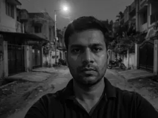 A black-and-white 320 by 240 frame from the watch: the same man at arm's length, his face clear, seen from slightly below